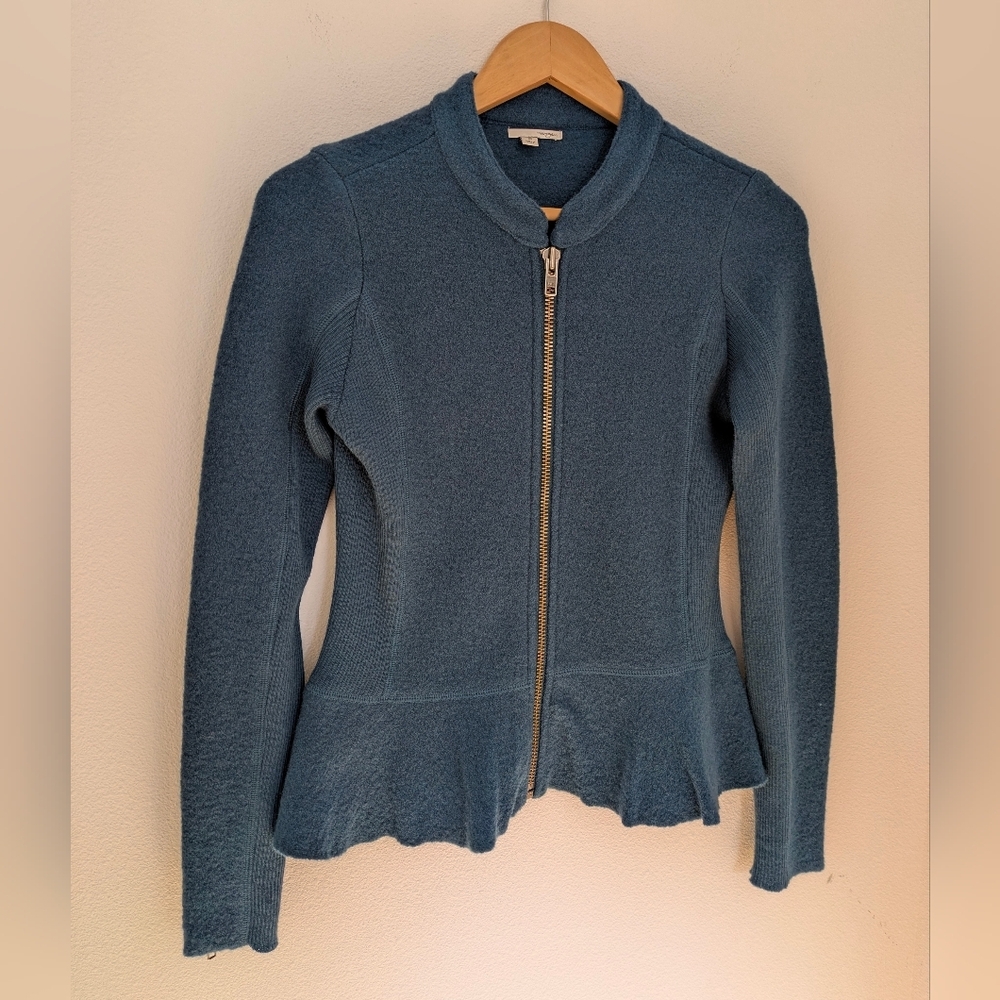 Halogen Nordstrom Women’s Petrol Peplum 100% Merino Wool Zip Up Jacket Sz XS EUC - Picture 3 of 16